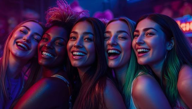 Vibrant Night Out, Five Friends Enjoy Neon Club Celebration