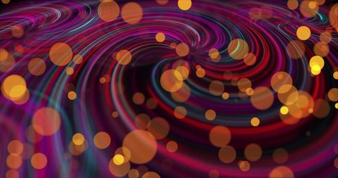 Neon spiral vortex with gold bokeh orbs and colorful ribbon lines curving into dark core