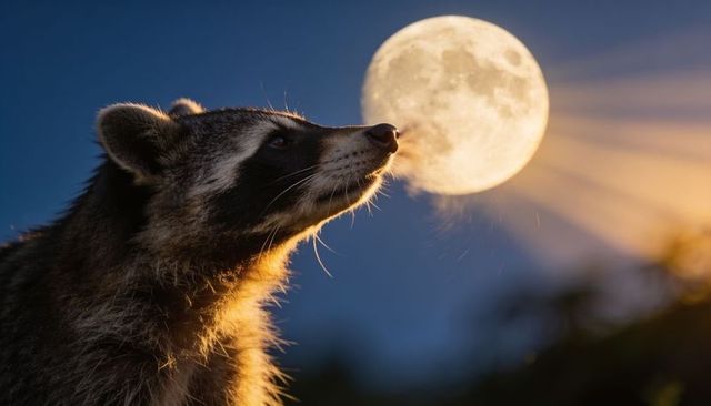 Raccoon sniffing full moon rim-lit twilight, whiskers and breath glowing