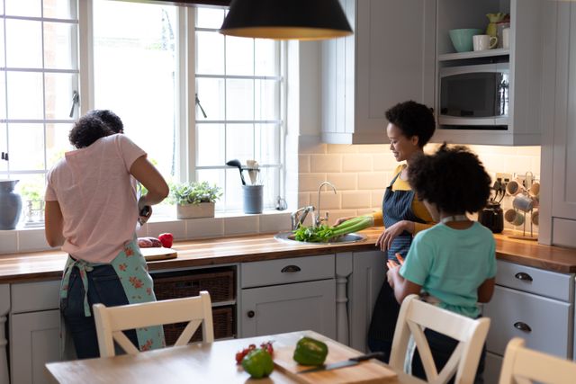 Biracial lesbian couple and daughter preparing food in kitchen. enjoying time together at home in self isolation during coronavirus covid 19 pandemic.