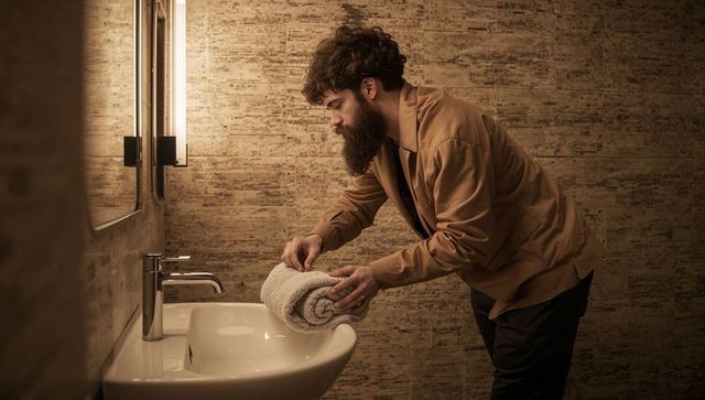 Man placing rolled towel on sink in warm stone-tiled bathroom with illuminated mirror