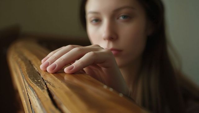Young woman resting hand on weathered wooden banister, closeup showing cracked rail texture