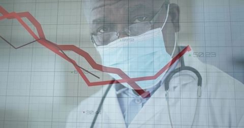 Masked Physician with Stethoscope, Red Rising Data Graph Overlay for Healthcare Analytics