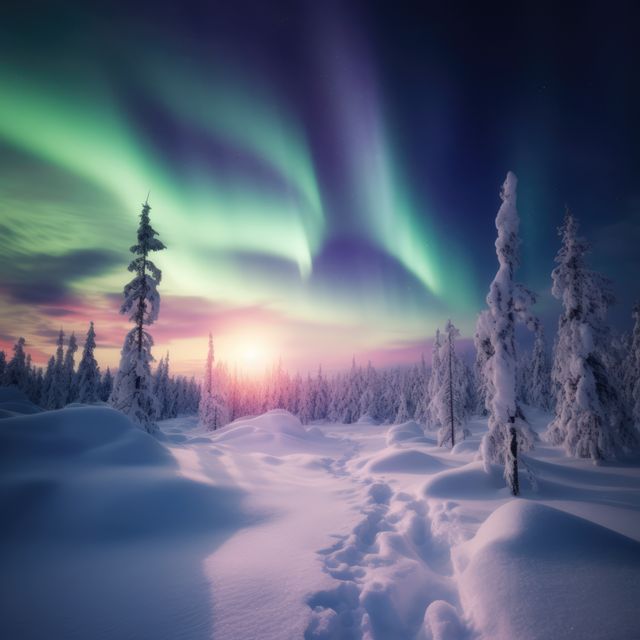 This stunning photo captures the Northern Lights dancing over a snow-covered forest during a clear winter night. Tall pine trees blanketed in snow, along with a serene landscape, create a magical winter wonderland. This can be perfect for use in travel brochures, nature articles, or winter holiday postcards, conveying the beauty and tranquility of a winter night under the Northern Lights.