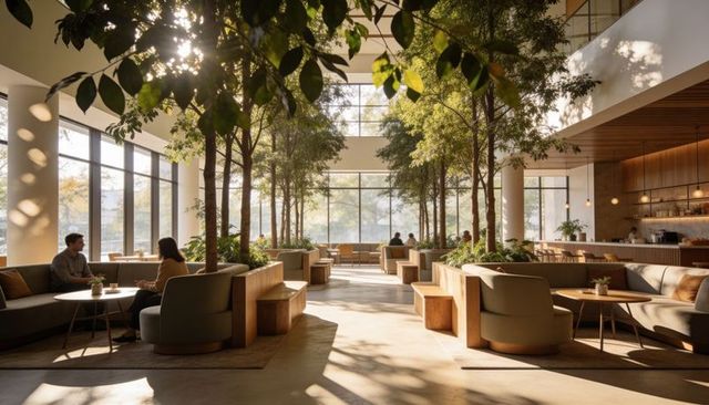 Sunlit modern atrium lounge with indoor trees, communal seating and cafe mezzanine