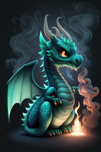 Image of cute blue dragon with flame and smoke trails, using generative ai technology. Dragon and fantasy concept.