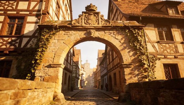 Sunlit medieval stone archway framing cobblestone street with half-timbered houses and tower