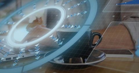 Coffee Cup and Laptop Overlayed with Futuristic Digital Interface for Remote Work Concepts
