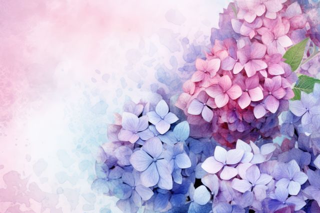 Blue and pink hydrangeas with copy space on pink background, created using generative ai technology. Flower, nature, colour and wallpaper concept digitally generated image.