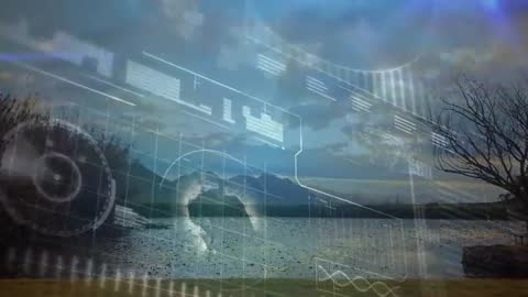 Futuristic Digital Interface Overlay Amidst Tranquil Mountain Landscape