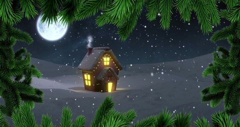 Winter Wonderland House with Pine Tree Branches and Full Moon
