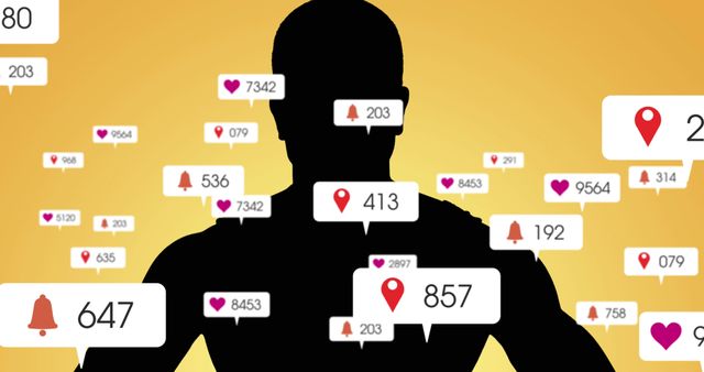 This visual represents a shadowed figure surrounded by various social media notification icons such as likes, follows, and alerts on a vibrant yellow backdrop. Ideal for usage in articles, blog posts, or marketing materials focusing on social media influence, digital engagement, online interactions, or internet lifestyle.