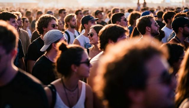 Smiling woman watching live music in round sunglasses at golden hour festival crowd