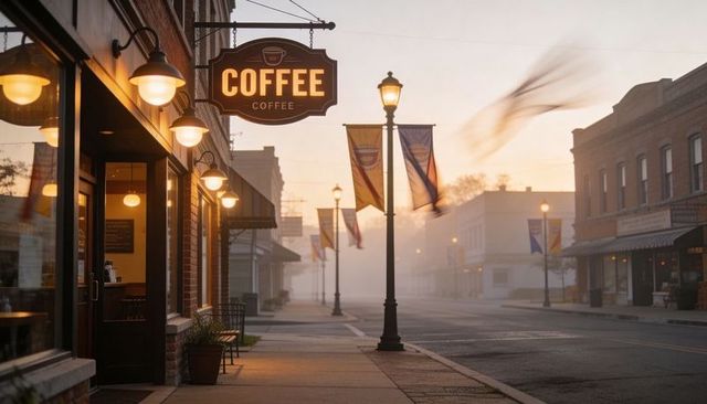 Small town coffee shop glowing at dawn, misty main street with vintage coffee sign