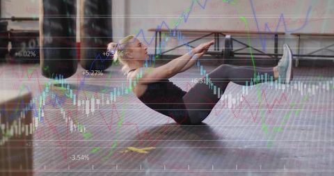 Woman performing v-sit core workout with market graph overlay for fitness finance concept