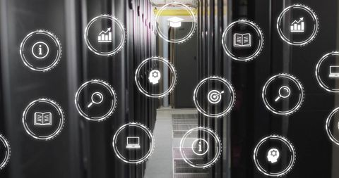 Virtual Icons Overlaying Data Servers in Modern Network Center - Download Free Stock Images Pikwizard.com