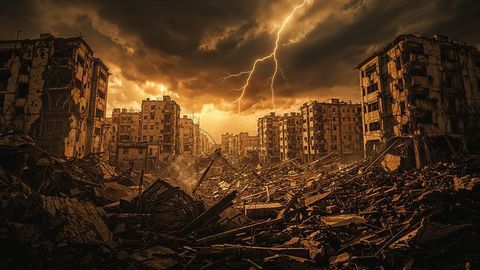 Lightning bolt strikes war-torn cityscape amidst earthquake destroyed buildings