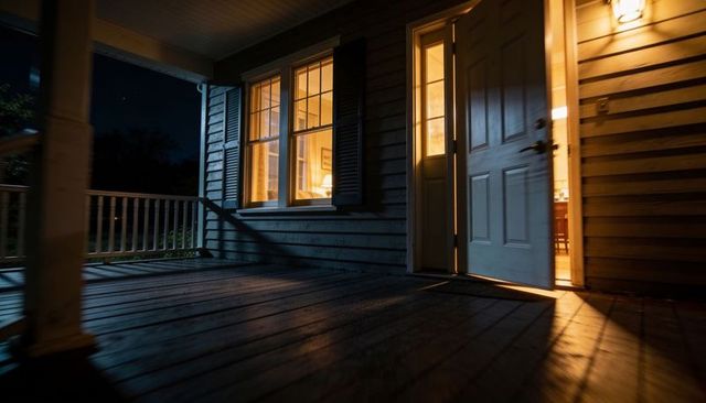 Warm amber light casting over front porch from partially open door and interior lamp at night