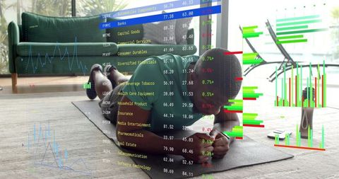 Man holding forearm plank on living room mat with stock market data overlay