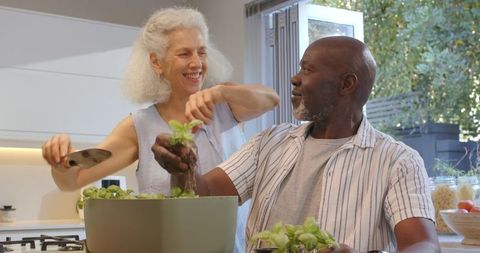 Senior Couple Enjoying Planting Herbs Together at Home