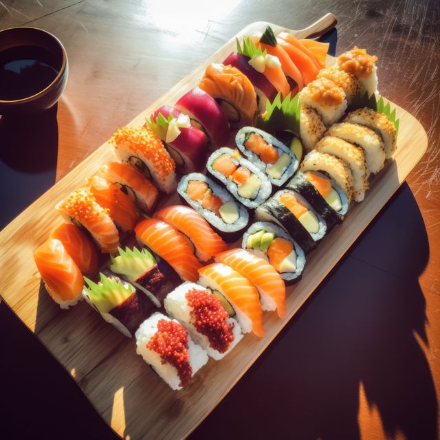 Arranged sushi showcasing different types of rolls and nigiri on wooden board. Ideal for promoting Japanese cuisine, restaurant menus, gourmet food blogs, culinary websites, or food delivery services.