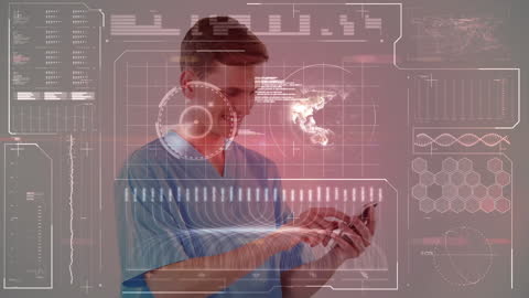 Male Doctor Interacting with Futuristic Digital Interface in Medical Uniform