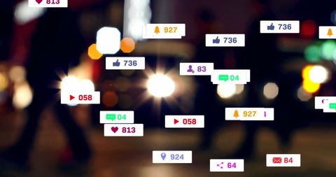 Social Media Engagement Icons Composited on Blur City Night Lights
