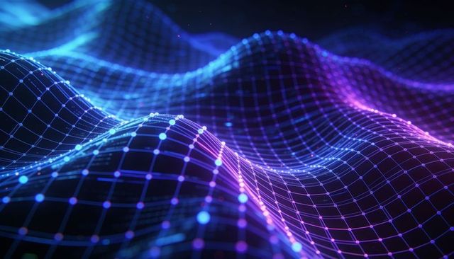 Undulating neon wireframe landscape rippling with glowing data nodes and digital grid