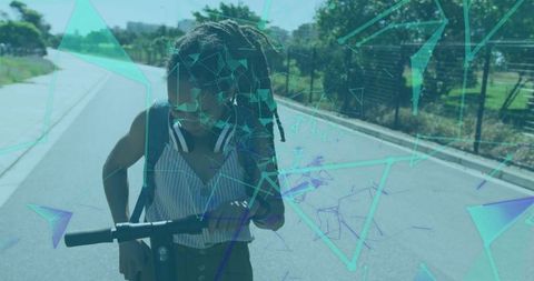 African American Woman Using Smartphone with Tech Overlay Effect