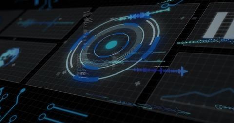 Holographic HUD Dashboard with Circular Data Visualization and Real-Time Analytics
