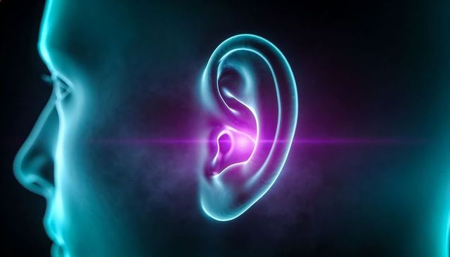 Glowing holographic ear highlighting auditory pathways with neon magenta beam