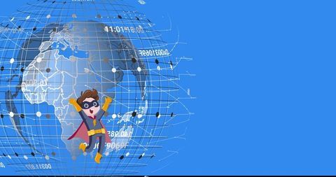 Cartoon Child Hero Flying Among Digital Globe Network - Download Free Stock Images Pikwizard.com