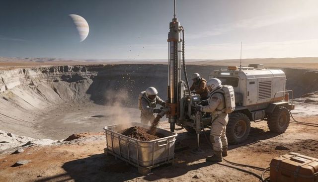 Astronaut crew drilling at crater rim transferring regolith beneath distant gas giant
