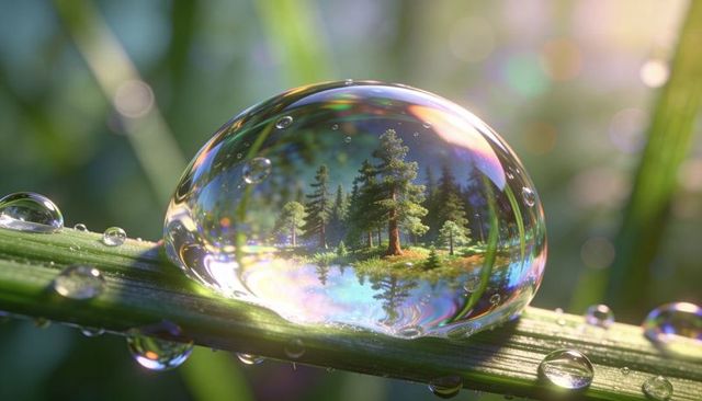 Macro dew drop reflecting evergreen forest and pond inside iridescent crystal sphere dawn