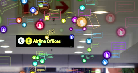 Social Media Networking with Neon Icons in Airport