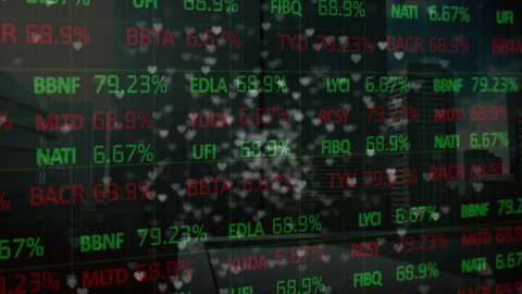 Stock Market Data Overlay with Heart Icons in Urban Environment