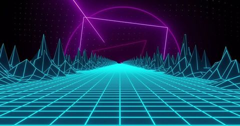 Neon synthwave highway: retro-futuristic cyan grid leading to magenta wireframe sun