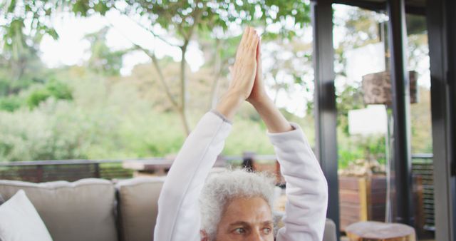 Senior Woman Meditating with Yoga Pose on Patio - Download Free Stock Images Pikwizard.com