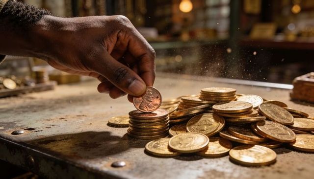 Hand stacking copper penny on pile of gold coins on vintage workbench with patina