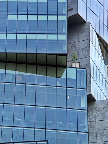 Modern glass office building exterior with plant decoration
