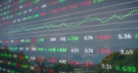 Financial data displayed on digital screen with cityscape overlay