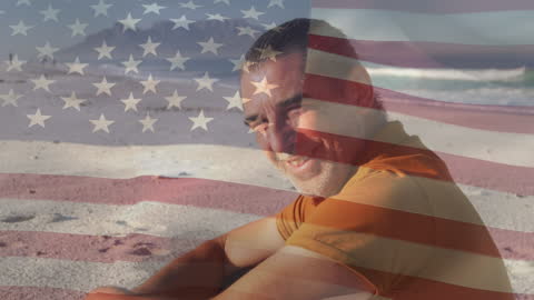 Patriotic Celebration: Man on Beach with American Flag Overlay