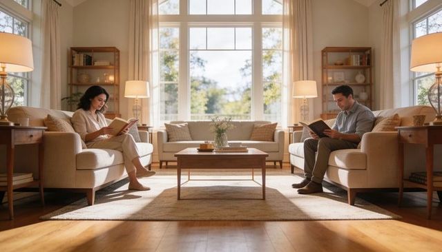 Serene couple reading in sunlit living room with minimalist warm decor and cozy coffee table