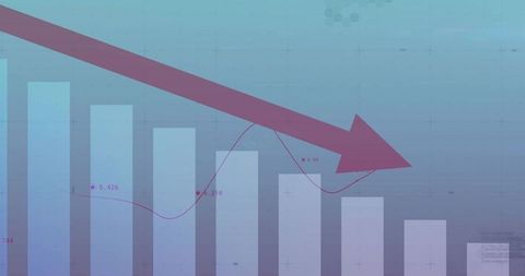 Maroon arrow indicating downward trend over bar chart with magenta line and data labels
