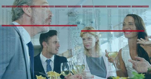 Corporate networking reception with digital data overlay, colleagues toasting wine