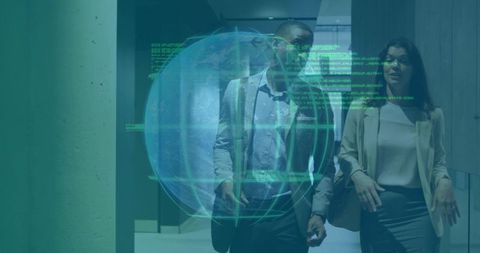 Walking coworkers discussing global tech strategy with holographic globe overlay in office