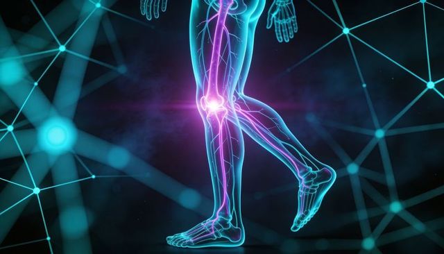 Neon 3d leg anatomy showing knee joint, bones and nerve pathways on tech grid