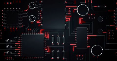Futuristic electronic circuit board with red pathways