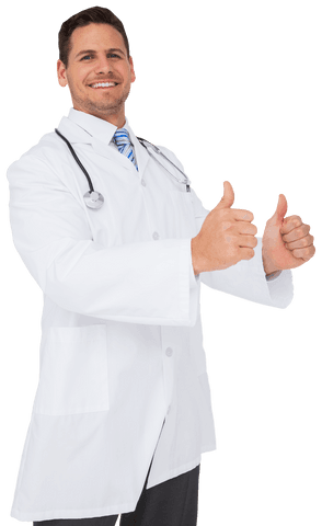 Cheerful doctor giving thumbs up with stethoscope transparent