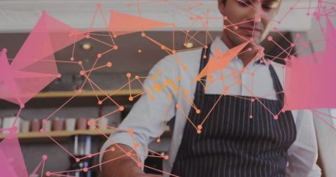 Preparing barista serving specialty coffee behind counter with digital network overlay